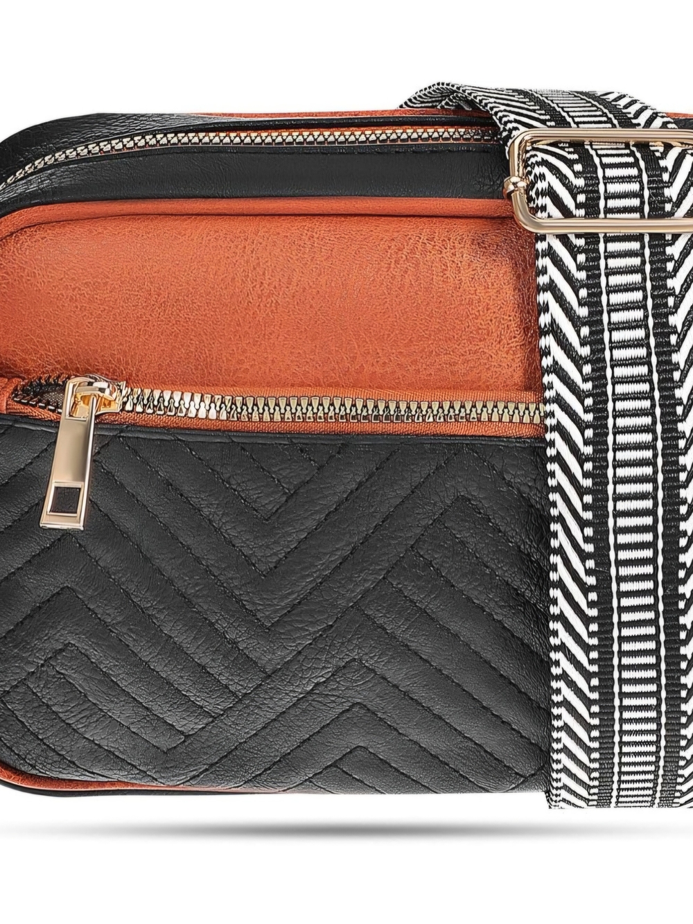 Quilted Black and Burnt Orange Crossbody Bag with Patterned Strap